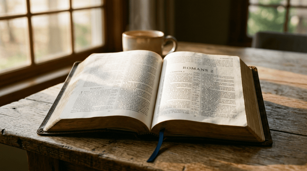 Open Bible showing Romans 1 and 2 beside a cup of coffee
